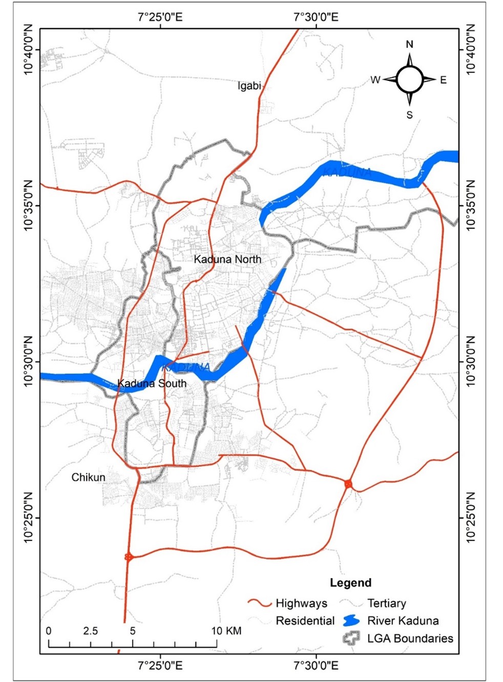 Map of Kaduna State showing the Kaduna metropolis