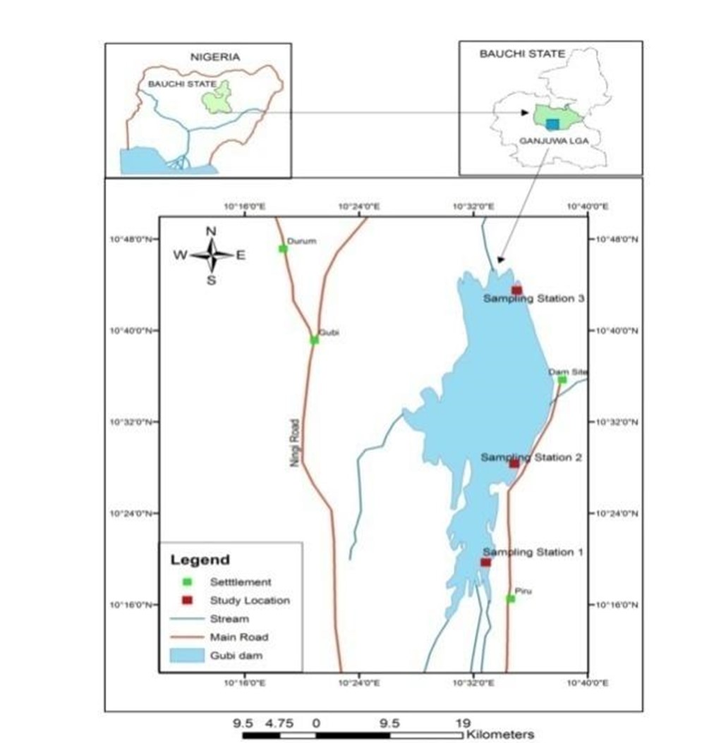 Map of Gubi Dam showing sampling stations