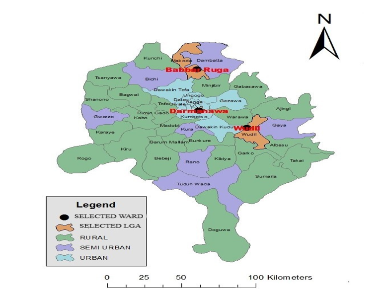 Map of Kano State Showing the Selected LGAs and Wards