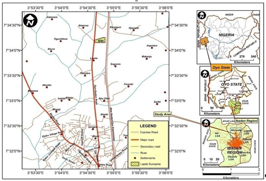 Geographical Map of the Study Area Showing Lapite Dumpsite and Sampling Location (Ariyo, 2018)