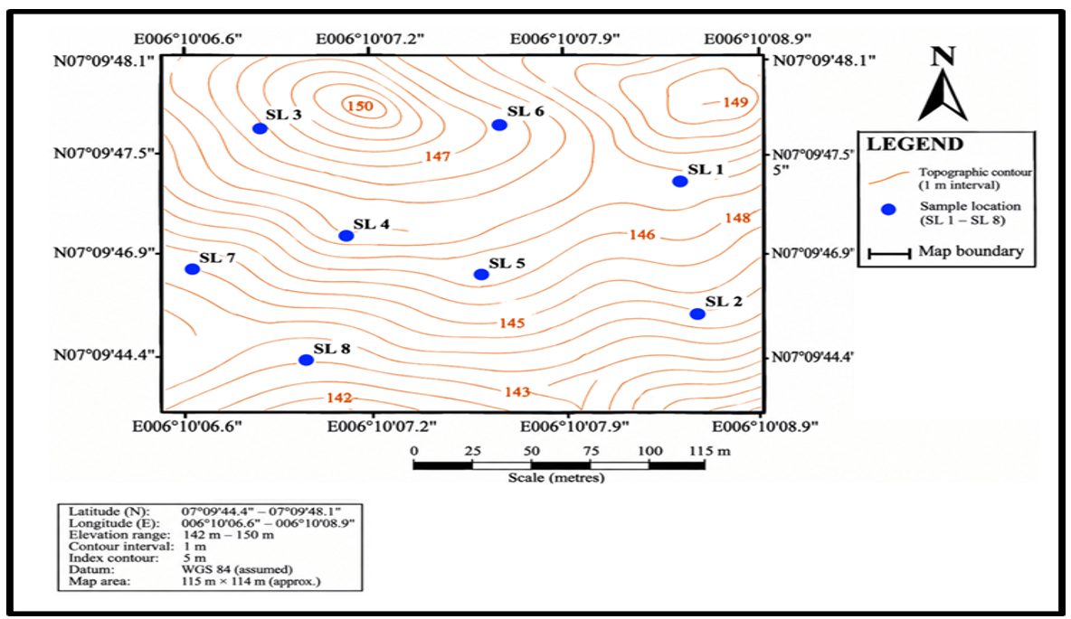 Topographic map of Ikpeshi Area, Edo North, Southern Nigeria (modified after Geological Survey of Nigeria (GSMN) Auchi Sheet 226, N.W. quadrant)