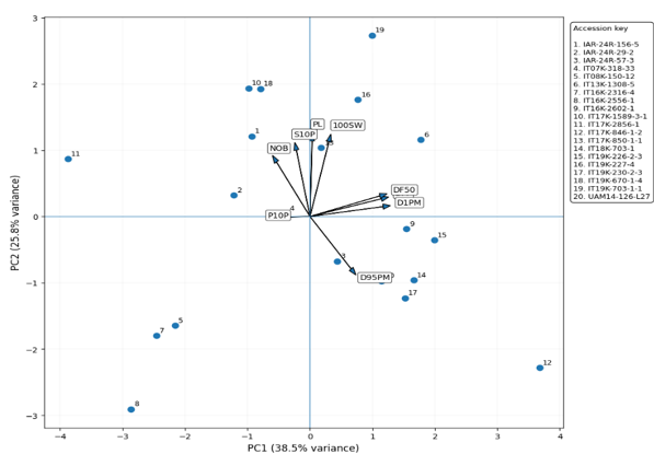 Principal Component Biplot of 20 Cowpea Accessions based on Phenological and Yield-component Traits