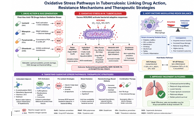 Schematic Illustration of the Oxidative Stress–drug Response–resistance Axis in Mycobacterium tuberculosis. Anti-tuberculosis Drugs induce Reactive Oxygen Species (ROS) that Enhance Bacterial Killing; however, Excessive Oxidative Stress can Activate Bacterial Redox Regulators (SigH, WhiB7), Antioxidant Systems, and Efflux Pumps, Contributing to Persistence and Reduced Drug Susceptibility. Host Redox Imbalance Further Modulates Drug Efficacy, Underscoring Oxidative Stress as a Candidate Therapeutic Targe